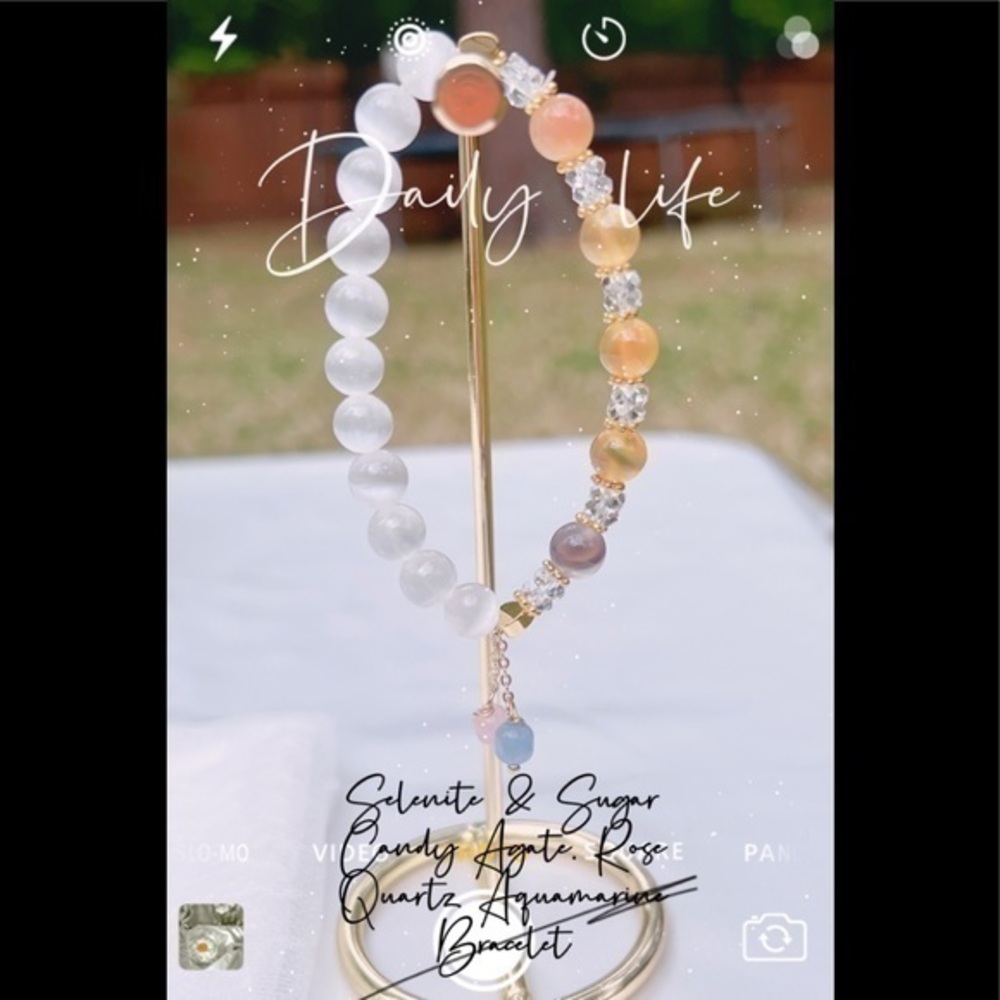 - Selenite & Sugar Candy Agate, Rose Quartz, Aquamarine Bracelet